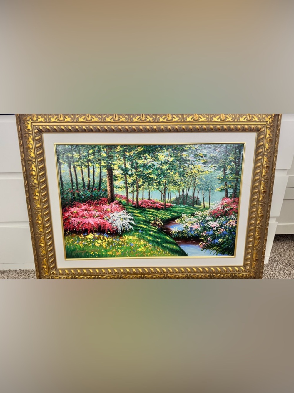 Vintage Framed Spring Garden Landscape Hand Painting - Vibrant Pink & Green